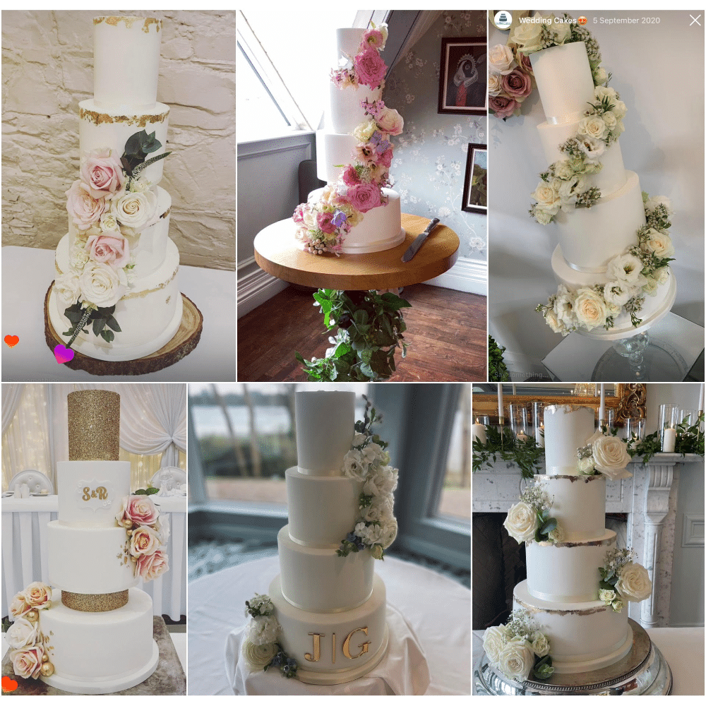Collage of elegant white wedding cakes adorned with floral decorations and personalized monograms.