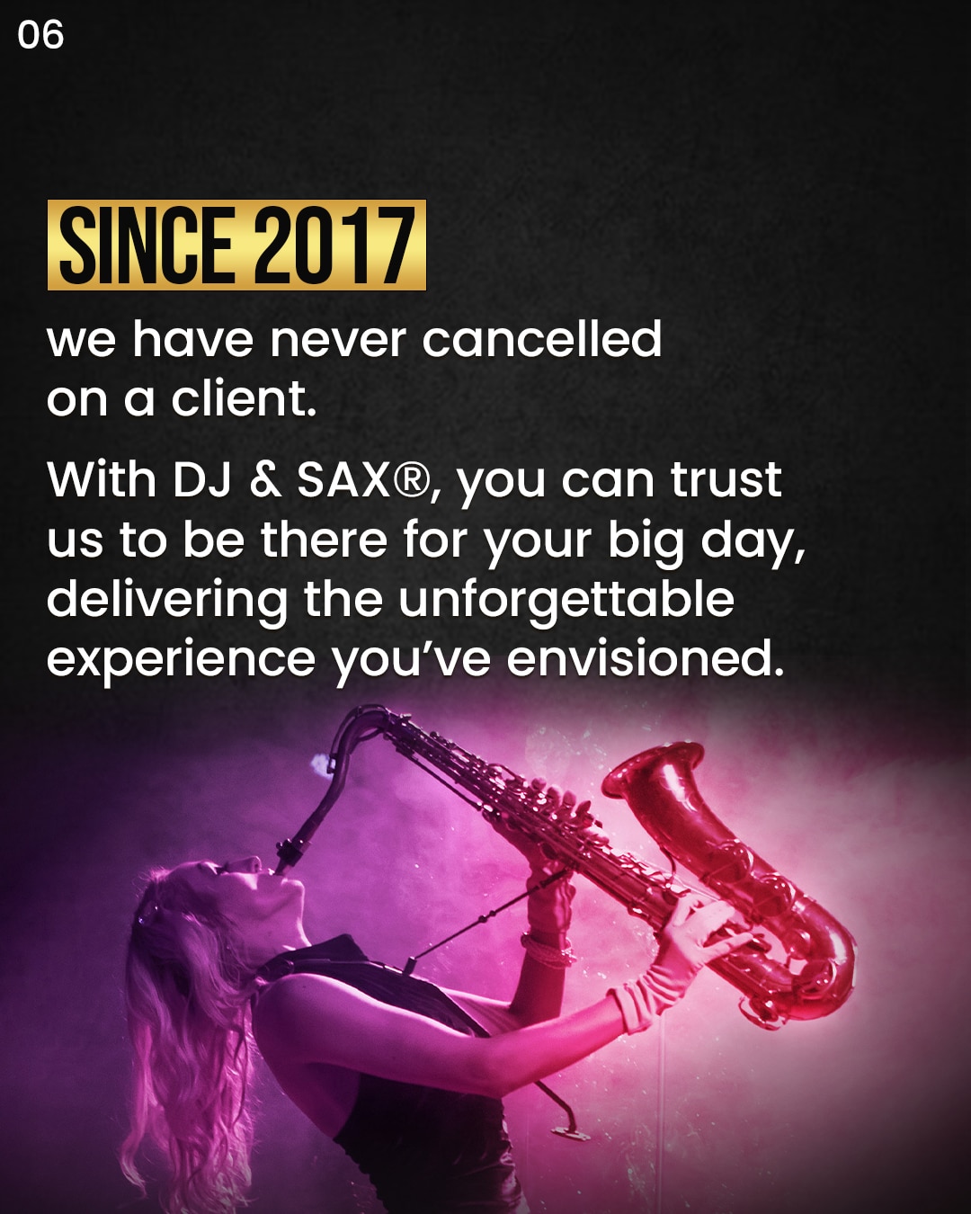 Woman playing saxophone with text about DJ & SAX® reliability since 2017.